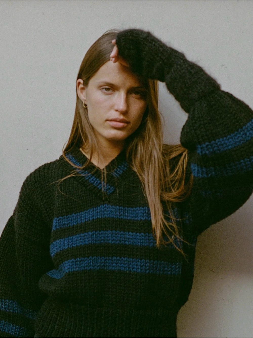 Frisson Knits Sarah Sweater in Black Navy Stripe
